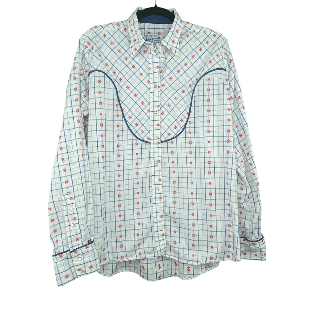 VTG Rockmount Tru-West Pearl Snap Shirt Womens 2X White Blue Grid Red Flower USA
